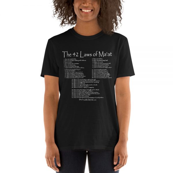 42 Laws of Maat White Papyrus Woman Mockup, Black