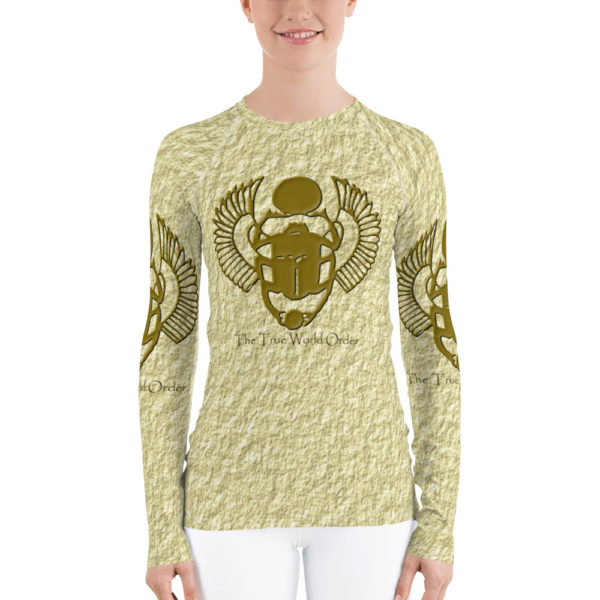 The True World Order "Golden Winged Scarab" Crinkled Cream Women's Rash Guard, Front