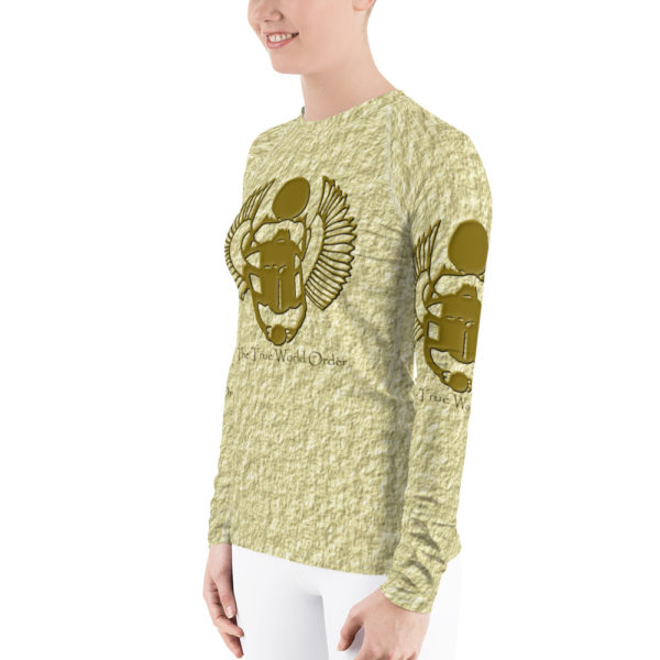 The True World Order "Golden Winged Scarab" Crinkled Cream Women's Rash Guard, Left