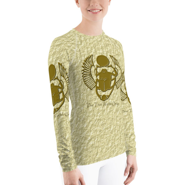 The True World Order "Golden Winged Scarab" Crinkled Cream Women's Rash Guard, Right