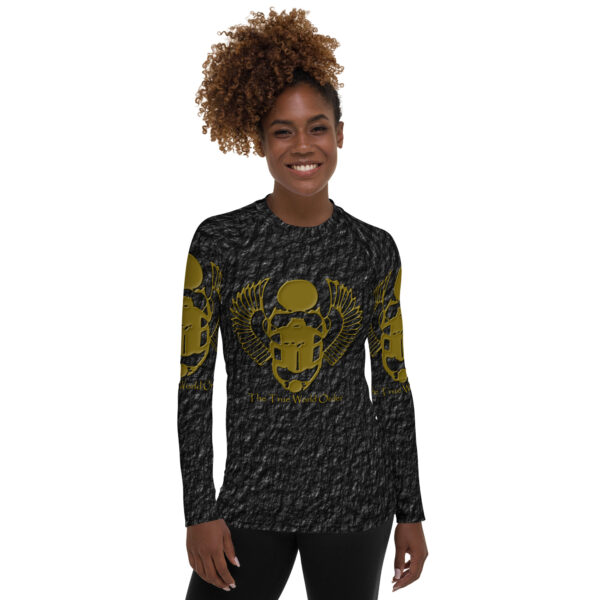 The True World Order All-over Print Womens Rash Guard Black, Front