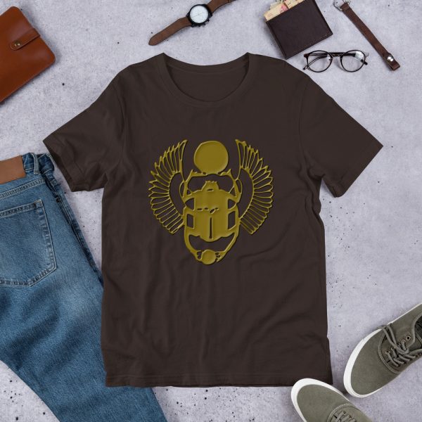 The True World Order “Gold Winged Scarab” Short-Sleeve Unisex T-Shirt, Front Design Only, Brown