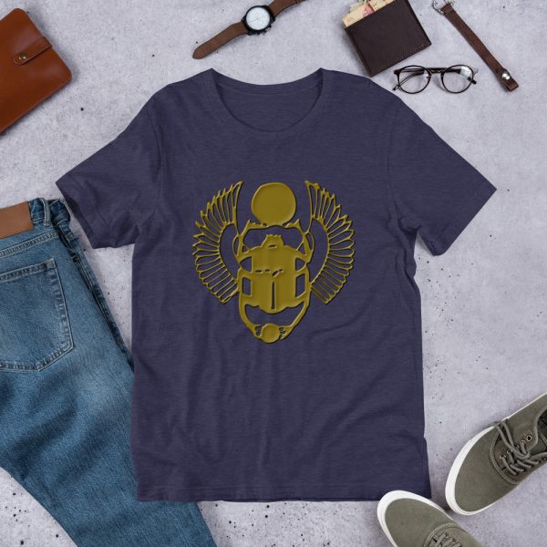 The True World Order “Gold Winged Scarab” Short-Sleeve Unisex T-Shirt, Front Design Only, Heather Midnight Navy