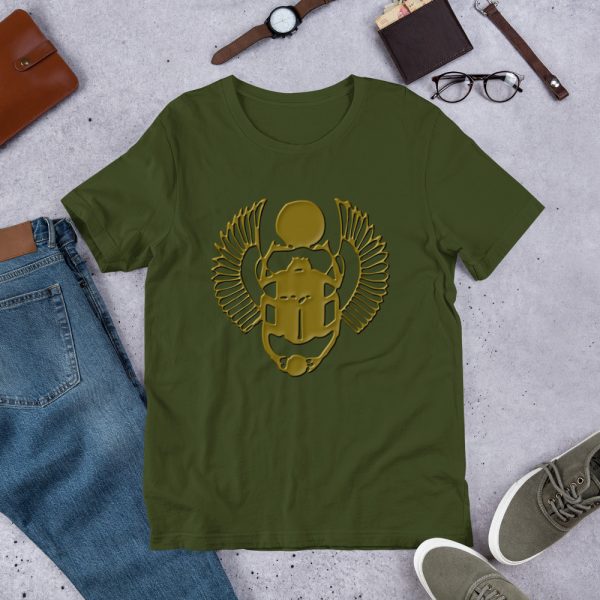 The True World Order “Gold Winged Scarab” Short-Sleeve Unisex T-Shirt, Front Design Only, Olive