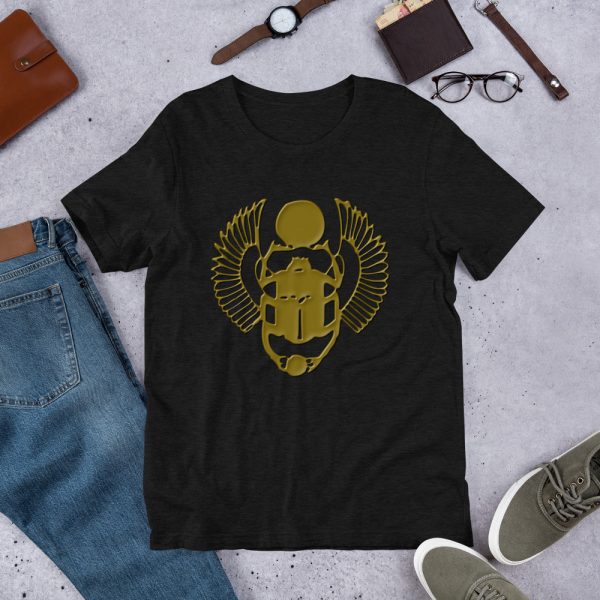 The True World Order “Gold Winged Scarab” Short-Sleeve Unisex T-Shirt, Front Design Only, Dark Grey Heather