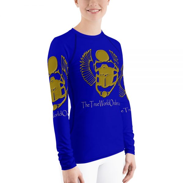 TTWO “Golden Winged Scarab” Women’s Rash Guard, Solid Royal Blue