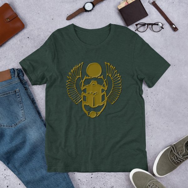 The True World Order “Gold Winged Scarab” Short-Sleeve Unisex T-Shirt, Front Design Only, Heather Forest