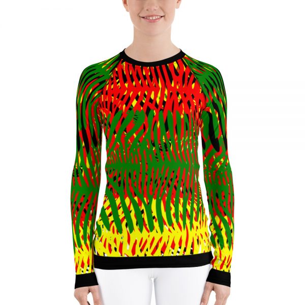 TTWO-African-Colors-Zebra-Print-Womens-Rash-Guard-_mockup_Front_On-Model