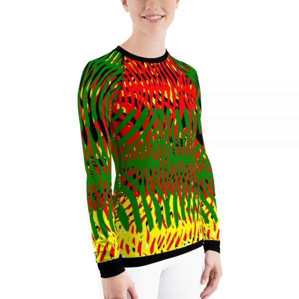 TTWO-African-Colors-Zebra-Print-Womens-Rash-Guard-_mockup_Right_On-Model