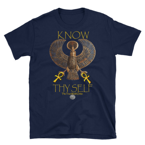 The True World Order "Heru, 2 Golden Ankhs, Know Thy Self" Short-Sleeve Unisex T-Shirt, Navy