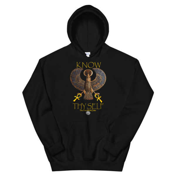 The True World Order “Heru, 2 Golden Ankhs, Know Thy Self” Long-Sleeve Unisex Hoodie, Black