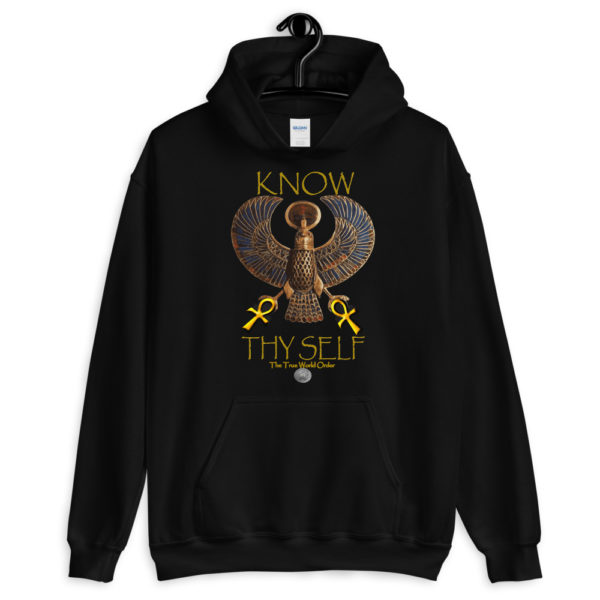 The True World Order “Heru, 2 Golden Ankhs, Know Thy Self” Long-Sleeve Unisex Hoodie, Black