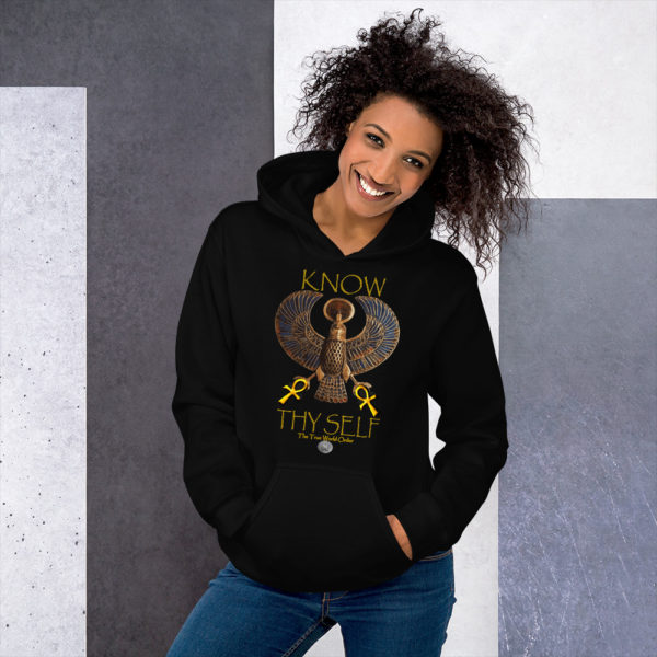 The True World Order “Heru, 2 Golden Ankhs, Know Thy Self” Long-Sleeve Unisex Hoodie, Black