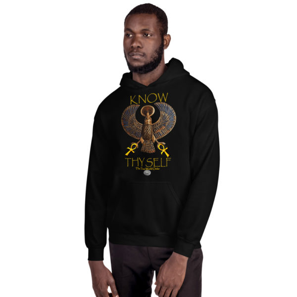 The True World Order “Heru, 2 Golden Ankhs, Know Thy Self” Long-Sleeve Unisex Hoodie, Black