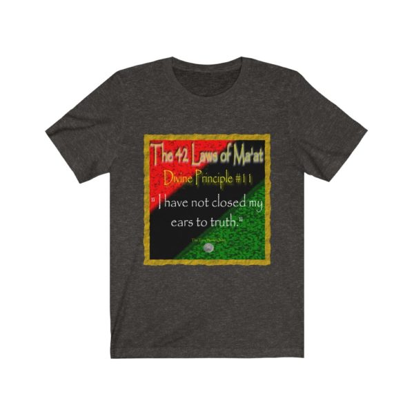 The True World Order “42 Laws of Ma’at, Divine Principle #11” Unisex Jersey Short Sleeve Tee, Black Heather