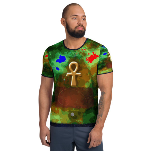 The True World Order "Ankh, Galaxy and Gold Ratio" All-Over Print Men's Athletic T-shirt, Front